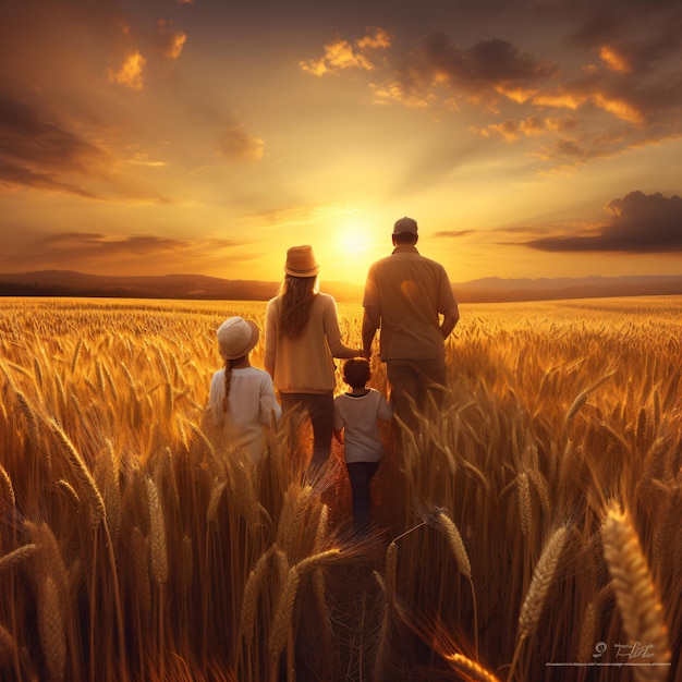 Une famille heureuse dans un champ de blé