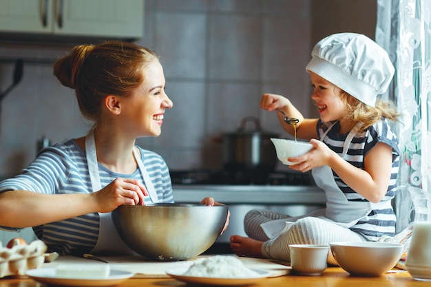 Famille heureuse dans la cuisine mère et enfant préparant des biscuits de cuisson de la pâte