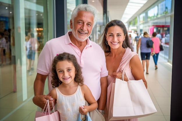 Une famille heureuse dans un magasin avec des sacs d'achat