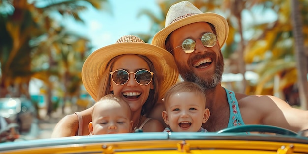 Une famille heureuse avec deux enfants dans une voiture en voyage.