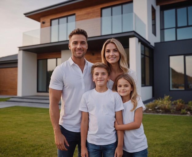 une famille heureuse devant leur maison