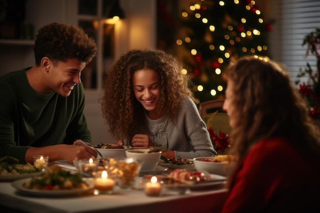 Une famille heureuse et diversifiée se réunit dans une maison confortable pour célébrer Noël ou le Nouvel An.