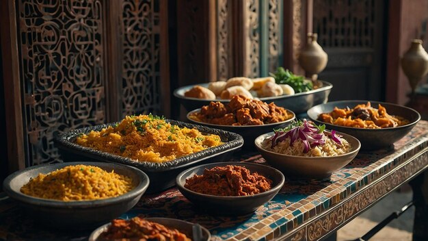 Photo une famille heureuse du moyen-orient partage du pain pita à la table à l'occasion du ramadan.