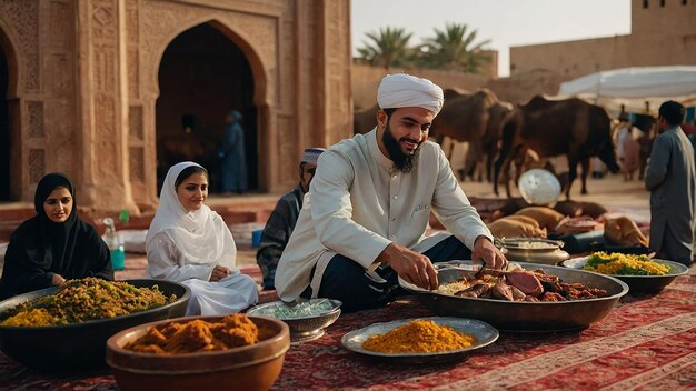 Photo une famille heureuse du moyen-orient partage du pain pita à la table à l'occasion du ramadan.