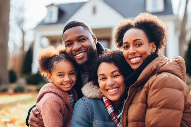 Une famille heureuse embrasse l'extérieur de la maison Concept de solidarité et de propriété de la maison