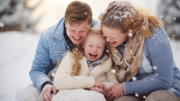 Une famille heureuse avec un enfant atteint du syndrome de Down et des parents sur le fond d'une fête de fin d'année