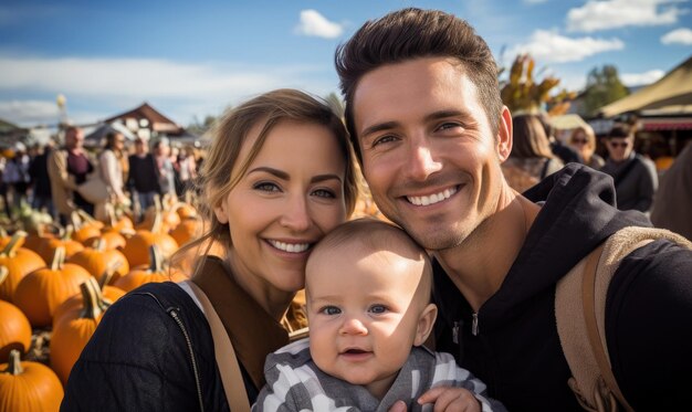 Famille heureuse avec un enfant garçon dans un champ de citrouilles prenant un selfie Bébé souriant choisit une citrouille avec ses parents au marché de la ferme pour Halloween ou Thanksgiving Day