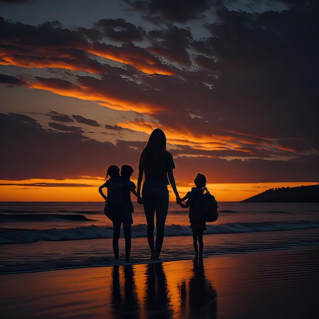 Famille heureuse avec des enfants qui se promènent au coucher du soleil AI générative
