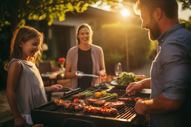 Une famille heureuse fait un barbecue ensemble dans le jardin de la maison Generative AI