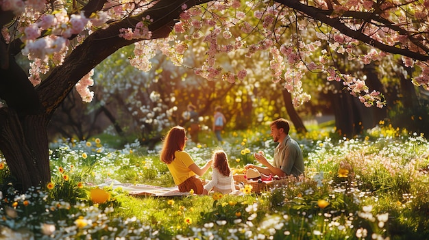 Une famille heureuse fait un pique-nique dans le parc, ils sont assis sur la couverture sous le cerisier, la petite fille mange une pomme.