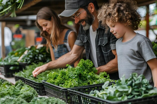 Une famille heureuse fait ses courses à l'épicerie, choisit des aliments, des légumes et des fruits frais.