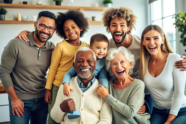 Photo une famille heureuse fête dans le salon.