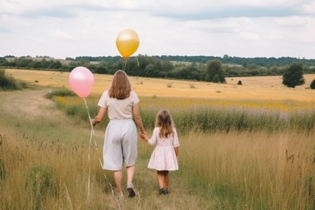 Une famille heureuse d'IA générative, une mère et une fille avec des ballons au coucher du soleil en été.