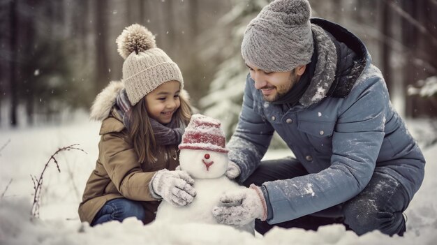 Famille heureuse jouant avec un bonhomme de neige Père et enfant fille lors d'une promenade hivernale dans la nature IA générative