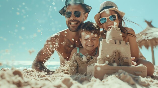 Photo une famille heureuse jouant ensemble sur la plage. ils construisent un château de sable et s'amusent.