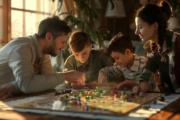 Une famille heureuse jouant à des jeux de société pour la fête des mères