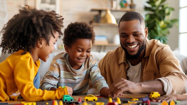 Une famille heureuse joue avec des voitures jouets sur le sol dans le salon.