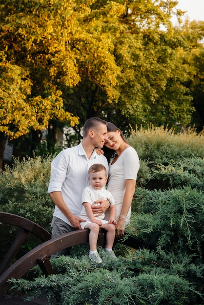 Famille heureuse avec leur fils marchant dans le parc au coucher du soleil. Bonheur. L'amour