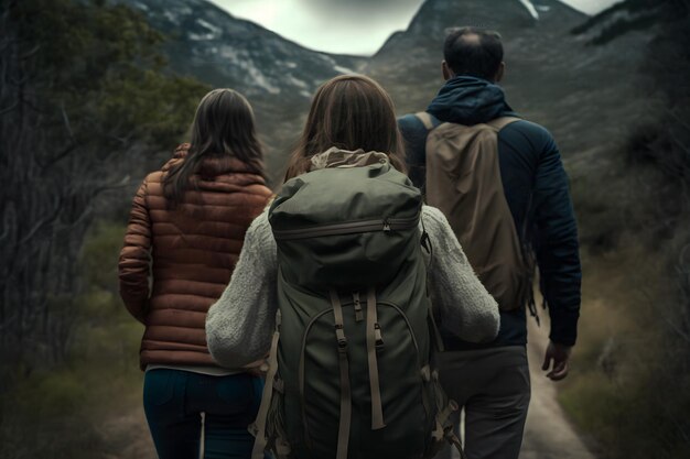 Famille heureuse lors d'une randonnée en montagne Réseau de neurones généré par l'IA