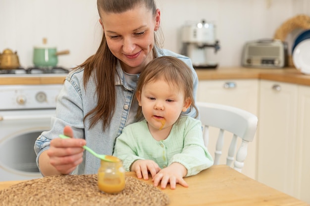 Famille heureuse à la maison mère nourrissant sa petite fille à la cuillère dans la cuisine petit enfant en bas âge avec moi