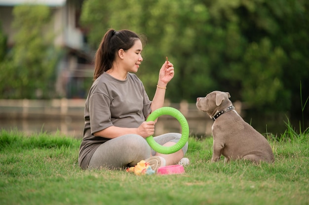 Famille heureuse de maman de chien, femmes enceintes avec le chien de chiot drôle et mignon, chien d'intimidation américain, amant d'animal familier