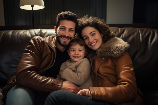 famille heureuse, maman, papa et enfant sur le canapé ensemble