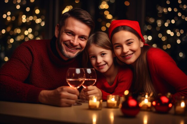 Famille heureuse parent et enfant célébrant la veille de Noël et la fête du Nouvel An ensemble avec l'AI générative amusante