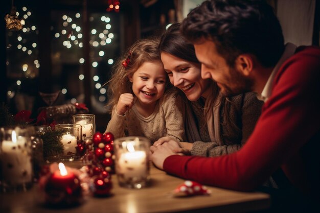 Famille heureuse parent et enfant célébrant la veille de Noël et la fête du Nouvel An ensemble avec l'AI générative amusante