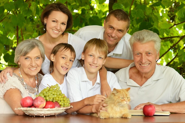 Famille Heureuse : Parents Et Enfants à Une Table Mangeant Des Fruits En été Avec Le Chat Rouge