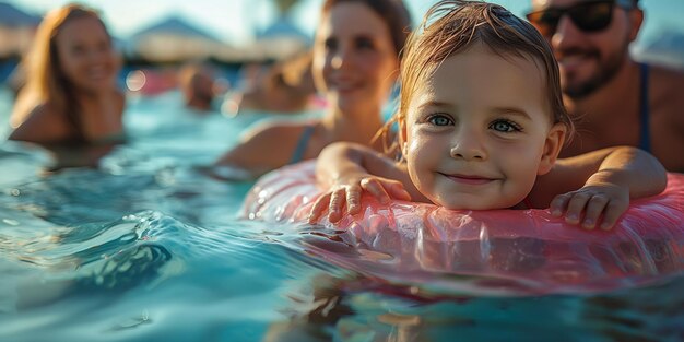 Photo famille heureuse avec une petite fille dans la piscine pendant les vacances d'été se concentrer sur la fille