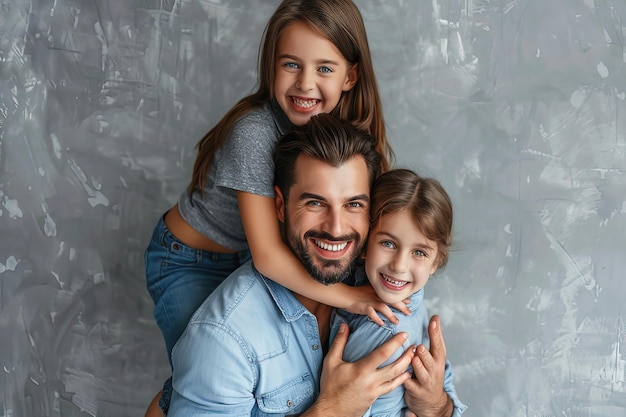 famille heureuse avec une petite fille qui embrasse et regarde la caméra sur un fond gris