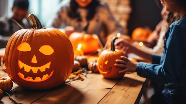 Une famille heureuse avec de petits enfants préparant des citrouilles pour Halloween à la maison