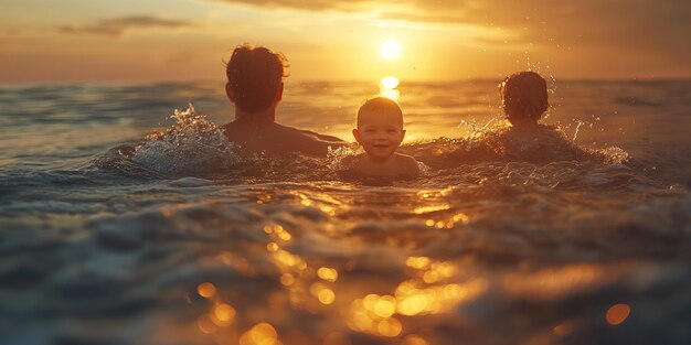 Photo une famille heureuse sur la plage au coucher du soleil, un père et sa petite fille s'amusant sur l'océan.