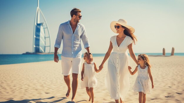 Famille heureuse sur la plage pendant les vacances d'été à Dubaï