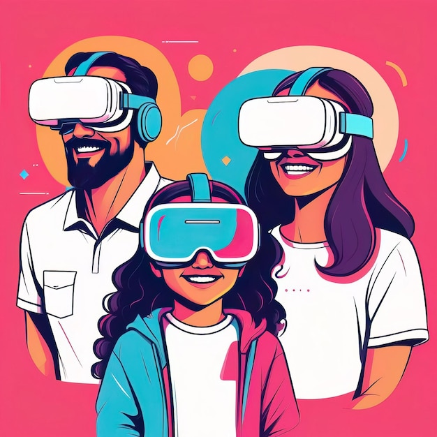 Une famille heureuse portant des lunettes de réalité virtuelle père mère et fille dans un casque VR