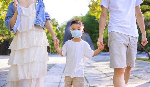 Famille heureuse portant le masque médical et marchant dans le parc