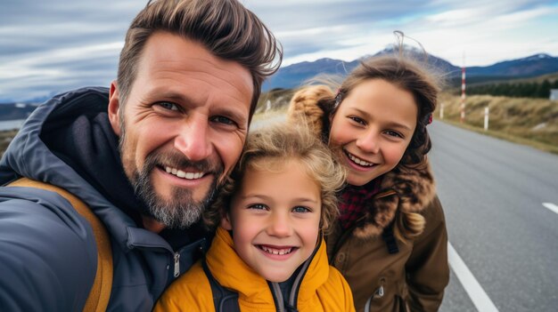 Une famille heureuse prenant un selfie en voyage créé avec la technologie d'IA générative