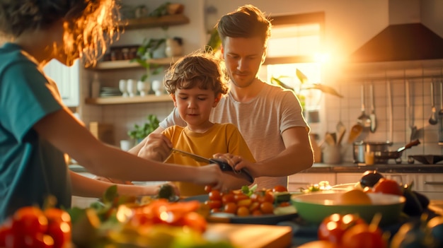 Famille heureuse préparant le petit déjeuner mère père et fils dans la cuisine par une journée ensoleillée préparant