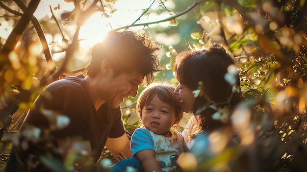 Photo une famille heureuse profitant d'une journée dans le parc le soleil brille à travers les arbres et l'enfant rit