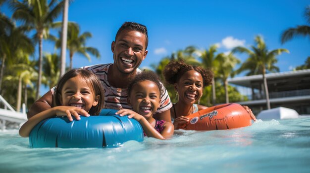 une famille heureuse profitant d'une journée à la piscine avec des enfants jouant sur des gonflables et des parents qui se détendent à proximité