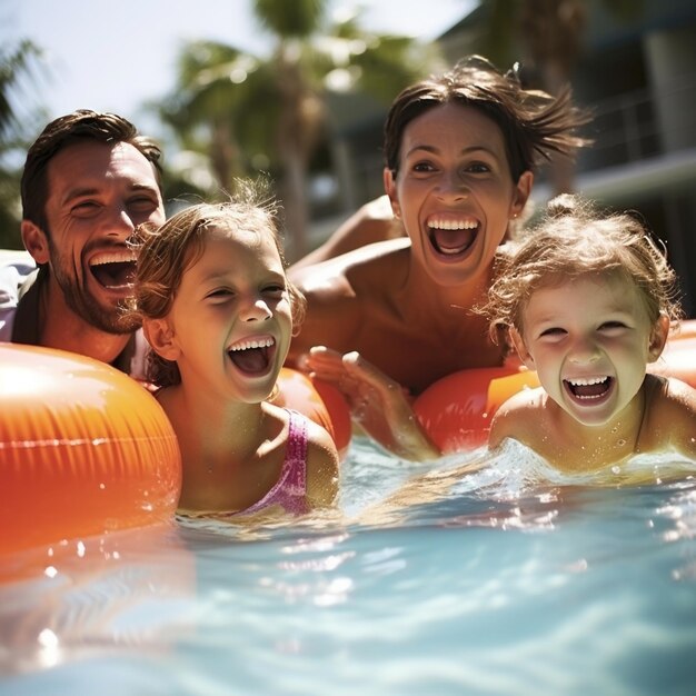 Photo une famille heureuse profitant d'une journée à la piscine avec des enfants jouant sur des gonflables et des parents qui se détendent à proximité