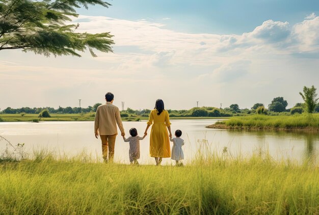 famille heureuse profitant des jours d'été à la campagne en face de la rivière dans le style minimal