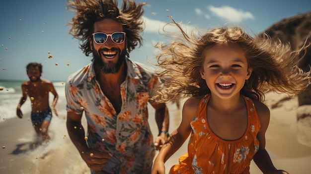 Photo une famille heureuse profitant d'une vacances d'été sur la plage, d'activités amusantes en plein air, de jeux de plage tropicaux.