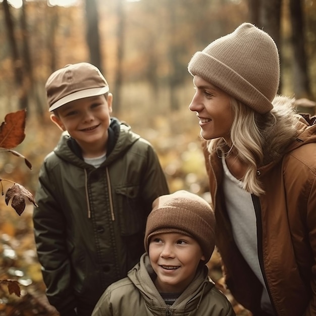 Une famille heureuse en promenade dans la forêt d'automne mère et fils ont une conversation amusante