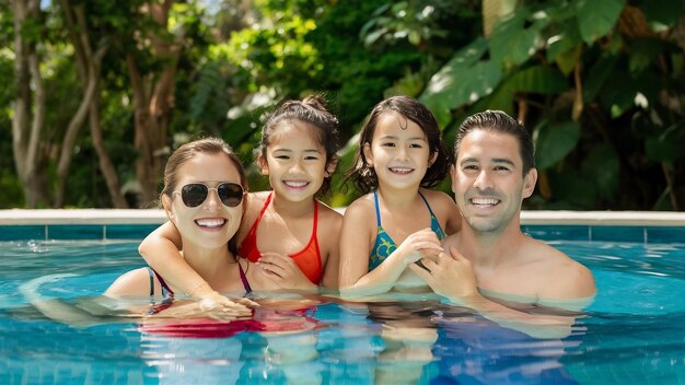 Une famille heureuse de quatre personnes dans une piscine en plein air