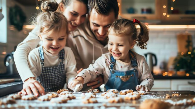 Photo une famille heureuse de quatre personnes fait des biscuits dans la cuisine, elles sourient et rient et sont couvertes de farine.