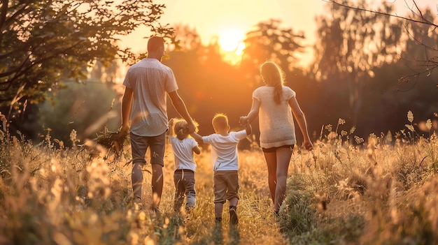 Une famille heureuse de quatre personnes se promène dans un champ d'herbe haute au coucher du soleil.