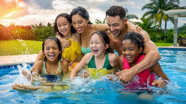 Une famille heureuse s'amusant au bord de la piscine.