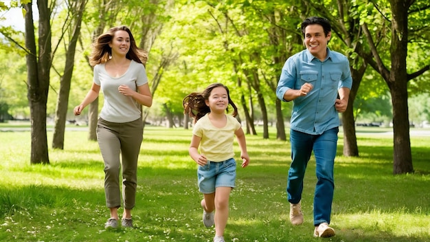 Une famille heureuse s'amuse. La mère, le père et la fille courent dans le parc.