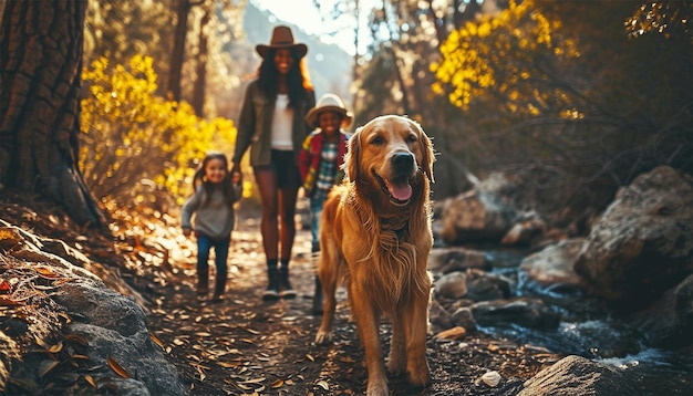 Une famille heureuse se promène avec un chien Labrador dans un magnifique paysage d'été printanier SunsetCamping voyage